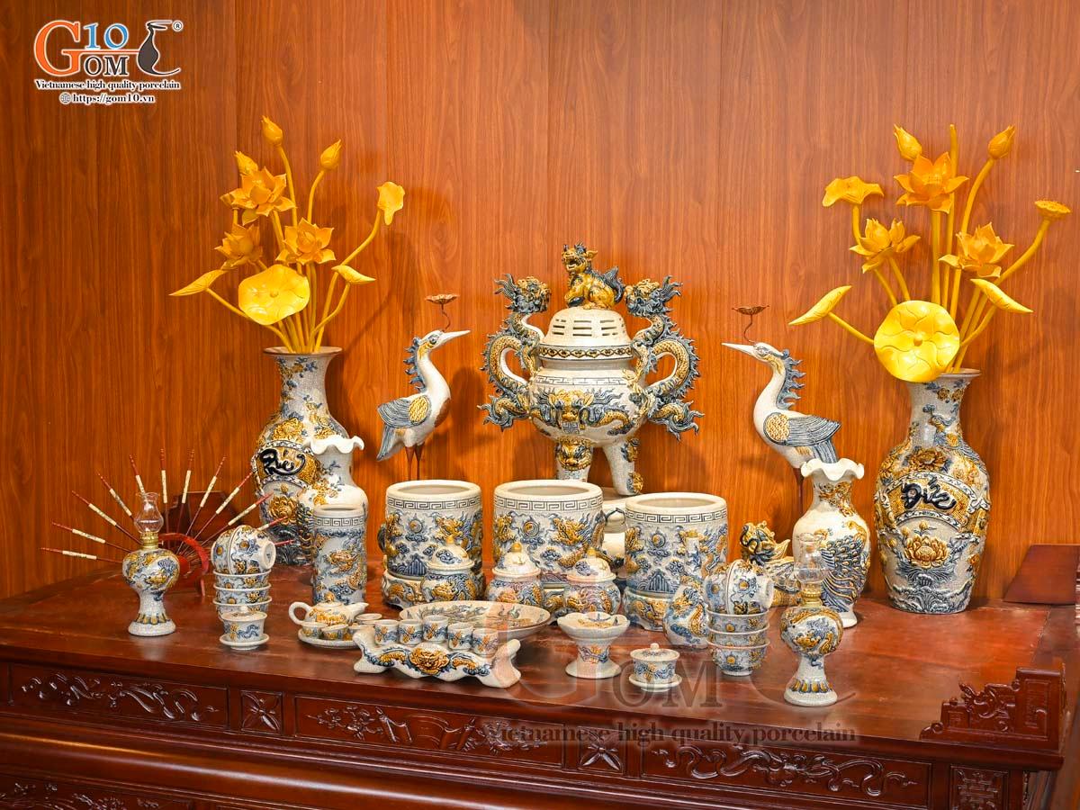 Bộ đồ thờ Như Ý Cát Tường men rạn đắp nổi Rồng cao cấp - 02 Bộ đồ thờ Như Ý Cát Tường men rạn đắp nổi Rồng cao cấp - 02