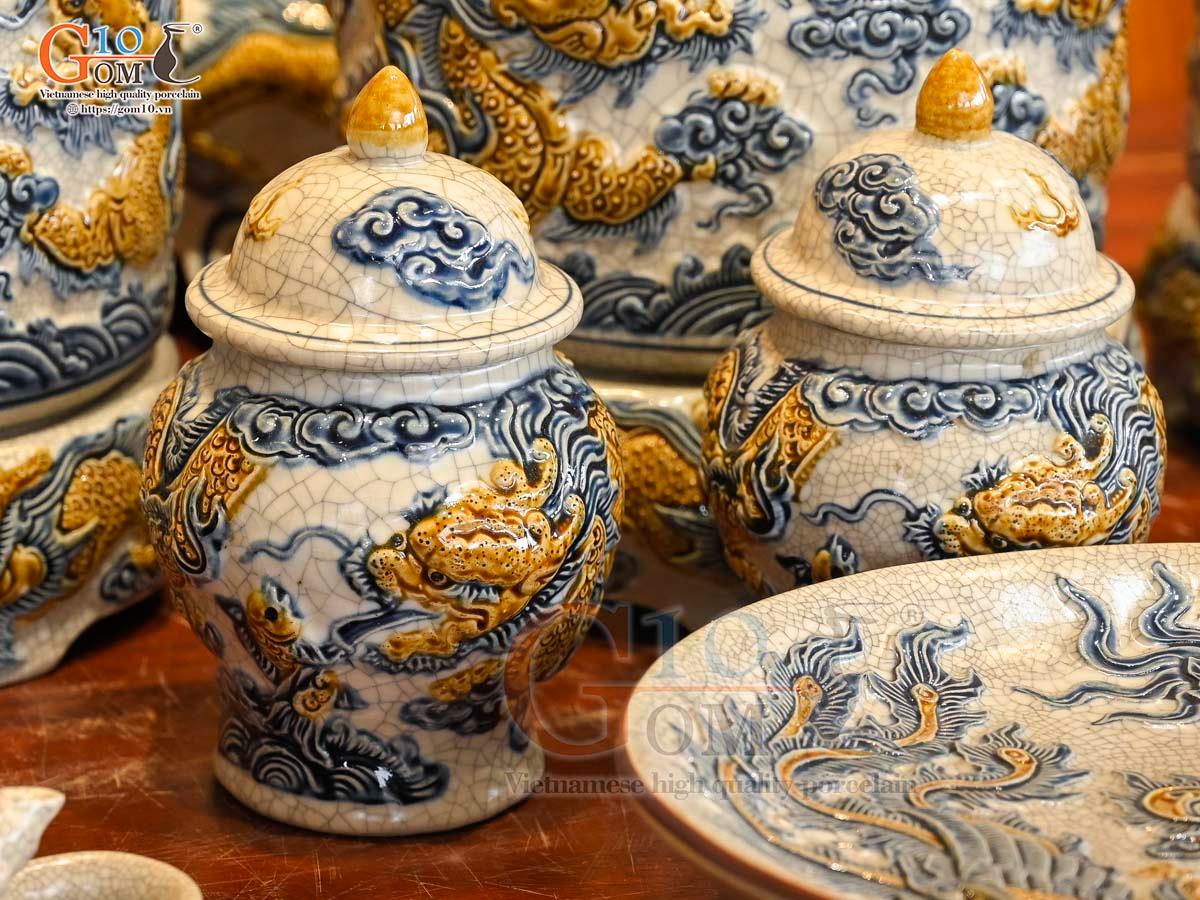 Bộ đồ thờ Như Ý Cát Tường men rạn đắp nổi Rồng cao cấp - 02 Bộ đồ thờ Như Ý Cát Tường men rạn đắp nổi Rồng cao cấp - 02