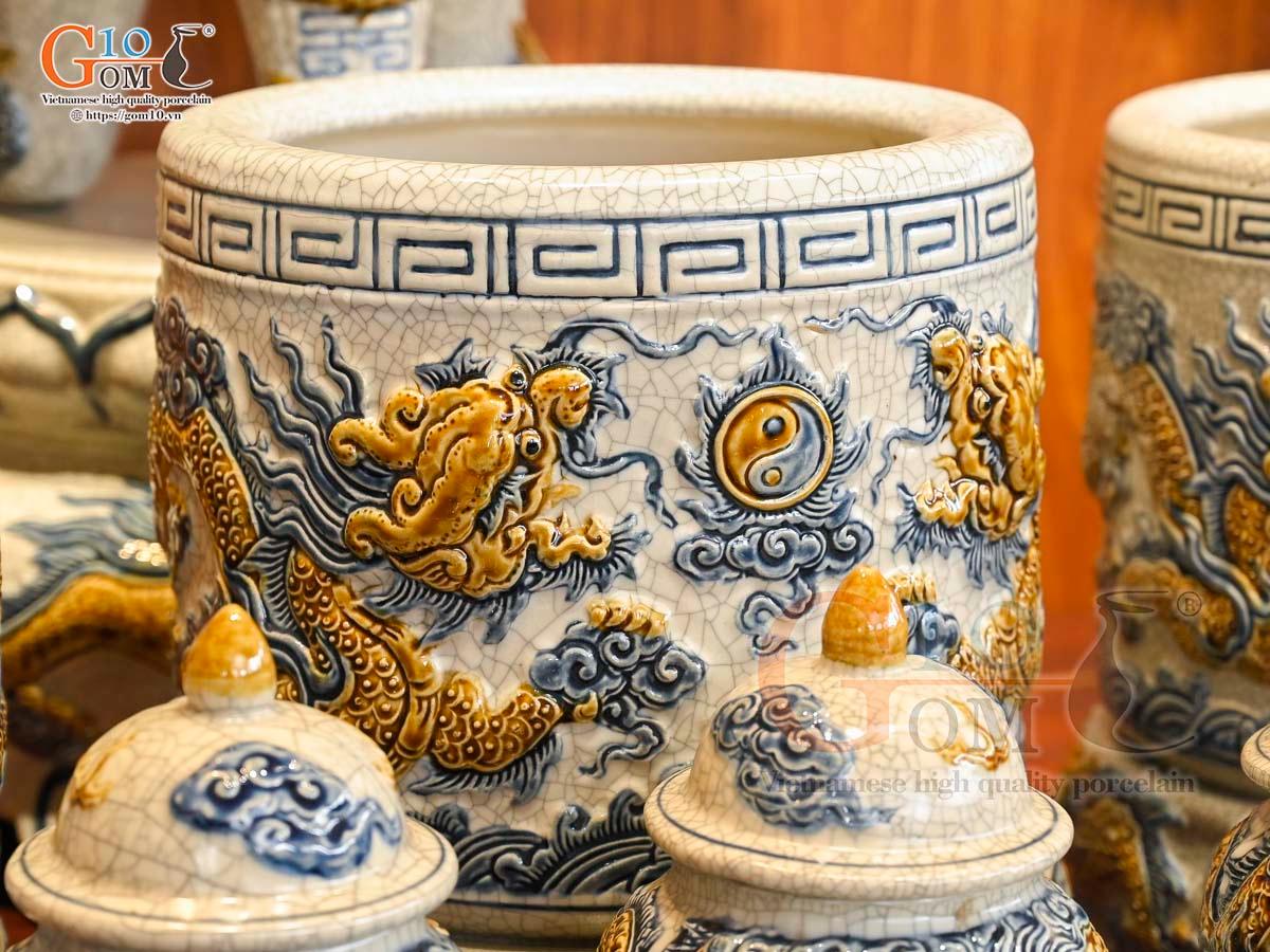 Bộ đồ thờ Như Ý Cát Tường men rạn đắp nổi Rồng cao cấp - 02 Bộ đồ thờ Như Ý Cát Tường men rạn đắp nổi Rồng cao cấp - 02