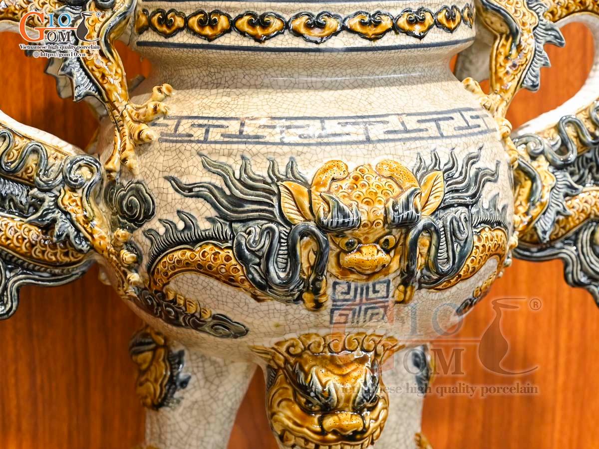 Bộ đồ thờ Như Ý Cát Tường men rạn đắp nổi Rồng cao cấp - 02