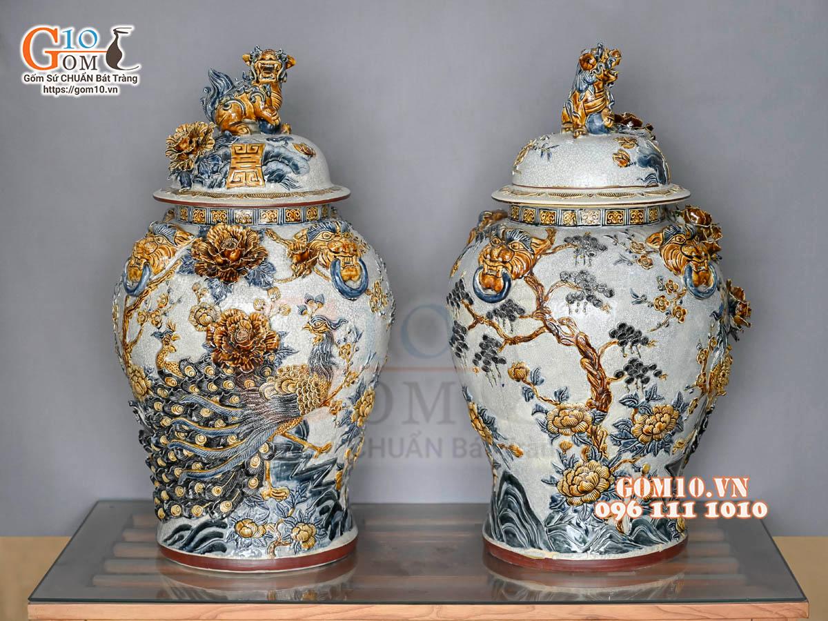 Đôi choé men rạn đắp nổi Công Đào Phú Quý cao cấp, 50L