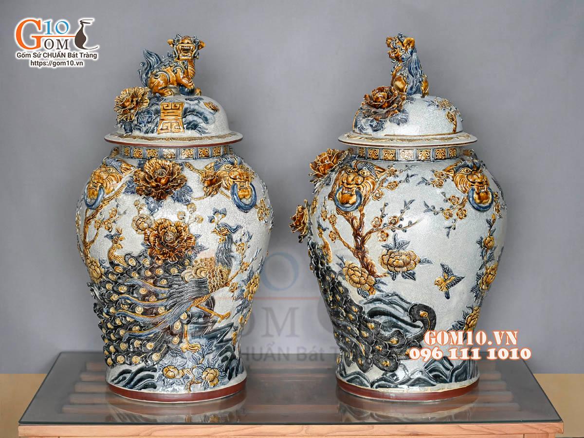 Đôi choé men rạn đắp nổi Công Đào Phú Quý cao cấp, 50L