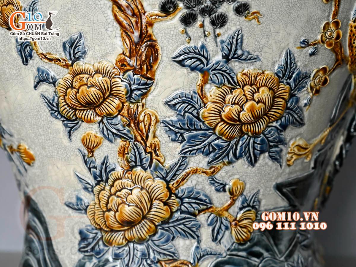 Đôi choé men rạn đắp nổi Công Đào Phú Quý cao cấp, 50L