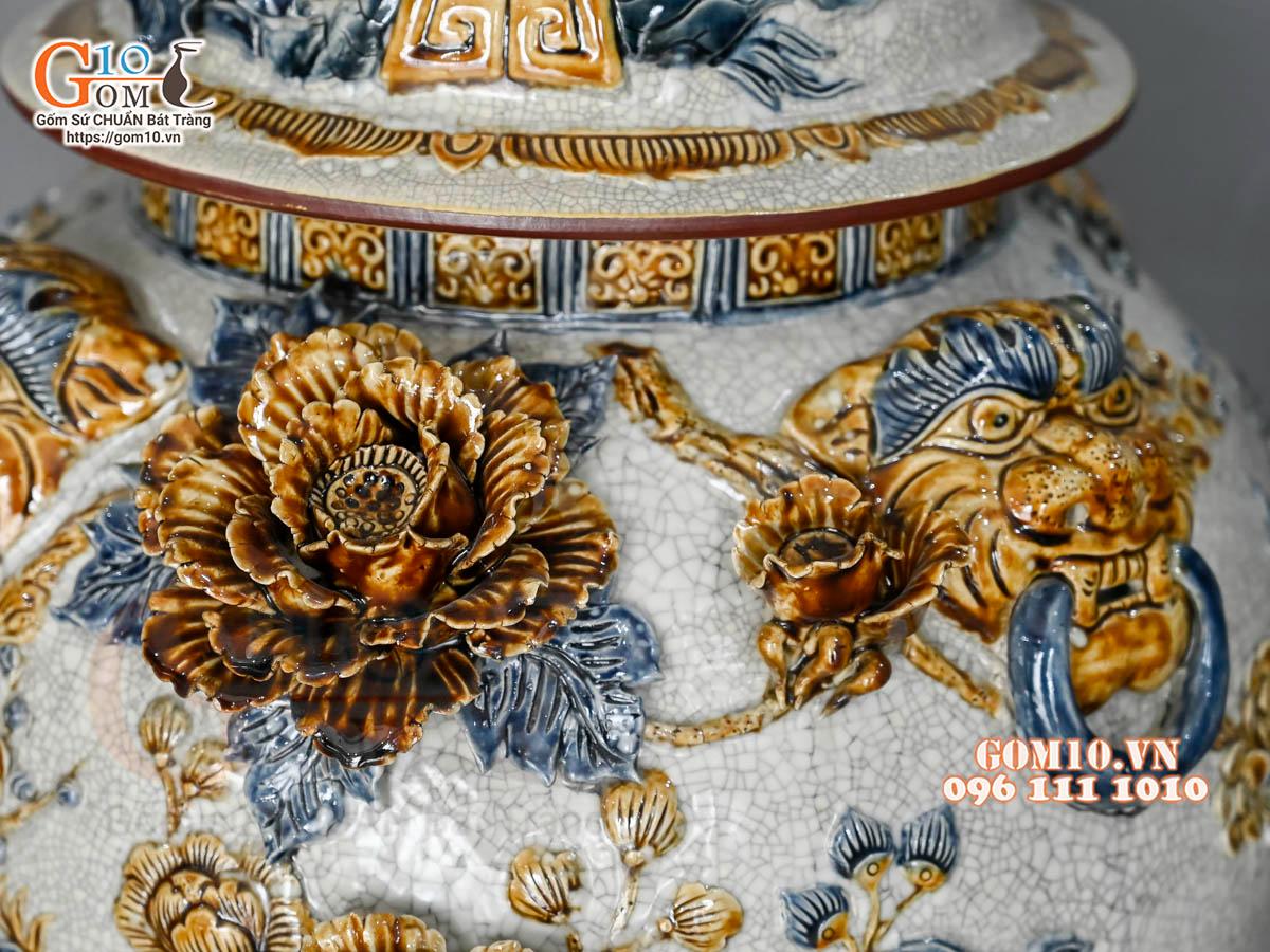 Đôi choé men rạn đắp nổi Công Đào Phú Quý cao cấp, 50L