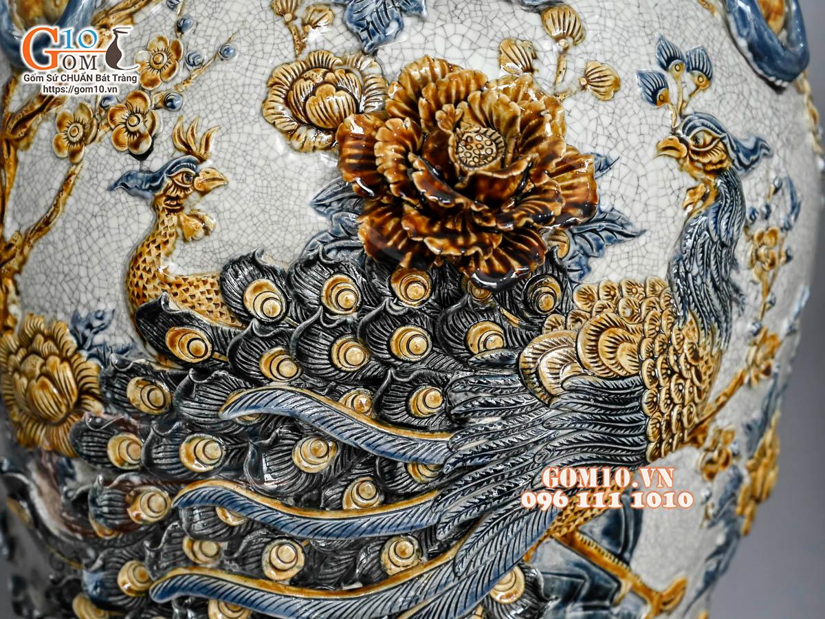 Đôi choé men rạn đắp nổi Công Đào Phú Quý cao cấp, 50L