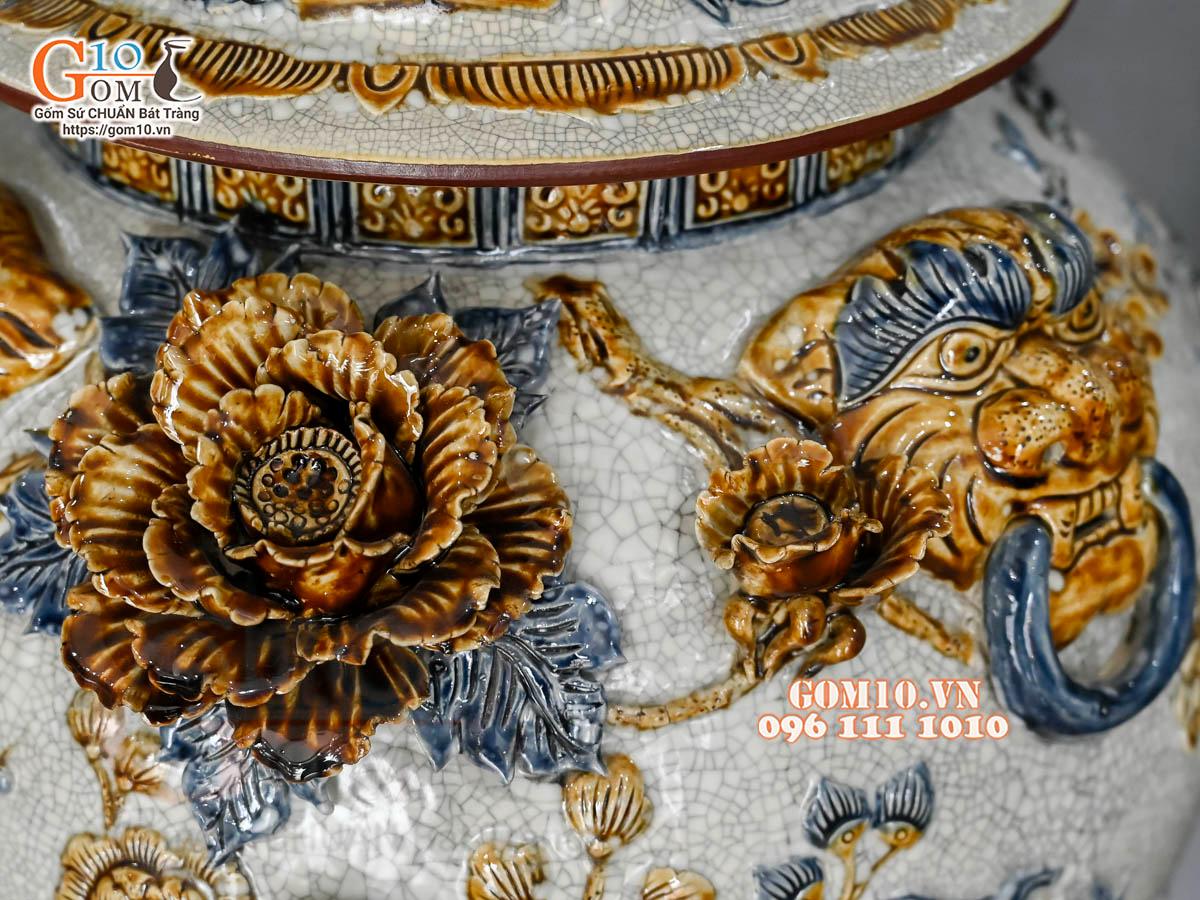 Đôi choé men rạn đắp nổi Công Đào Phú Quý cao cấp, 50L