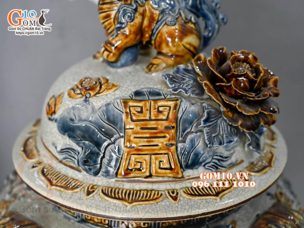 Đôi choé men rạn đắp nổi Công Đào Phú Quý cao cấp, 50L