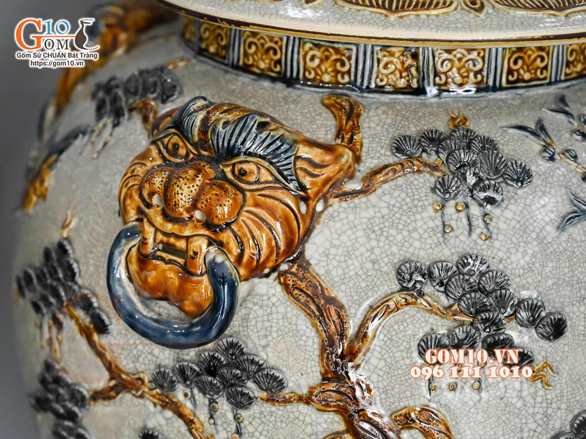 Đôi choé men rạn đắp nổi Công Đào Phú Quý cao cấp, 50L