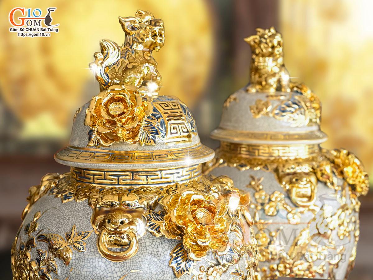 Đôi chóe men rạn đắp nổi Công Đào Phú Quý vẽ vàng 24k, 30L Đôi chóe men rạn đắp nổi Công Đào Phú Quý vẽ vàng 24k, 30L