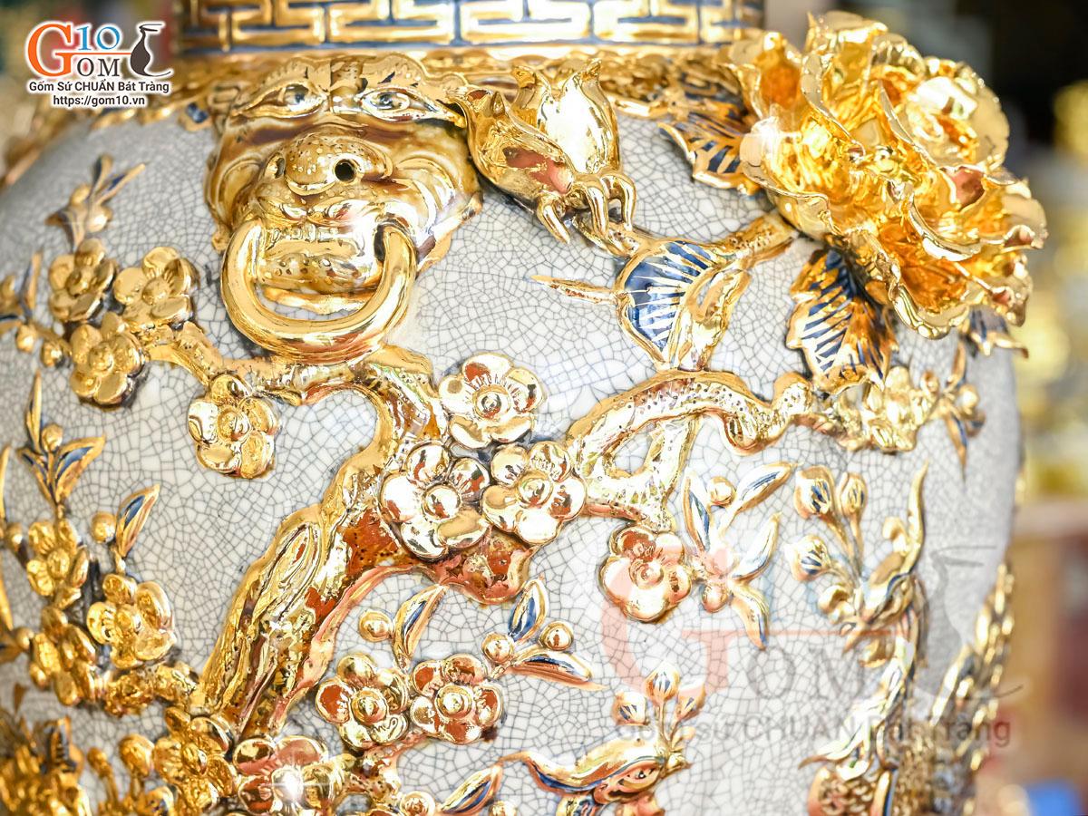 Đôi chóe men rạn đắp nổi Công Đào Phú Quý vẽ vàng 24k, 30L Đôi chóe men rạn đắp nổi Công Đào Phú Quý vẽ vàng 24k, 30L