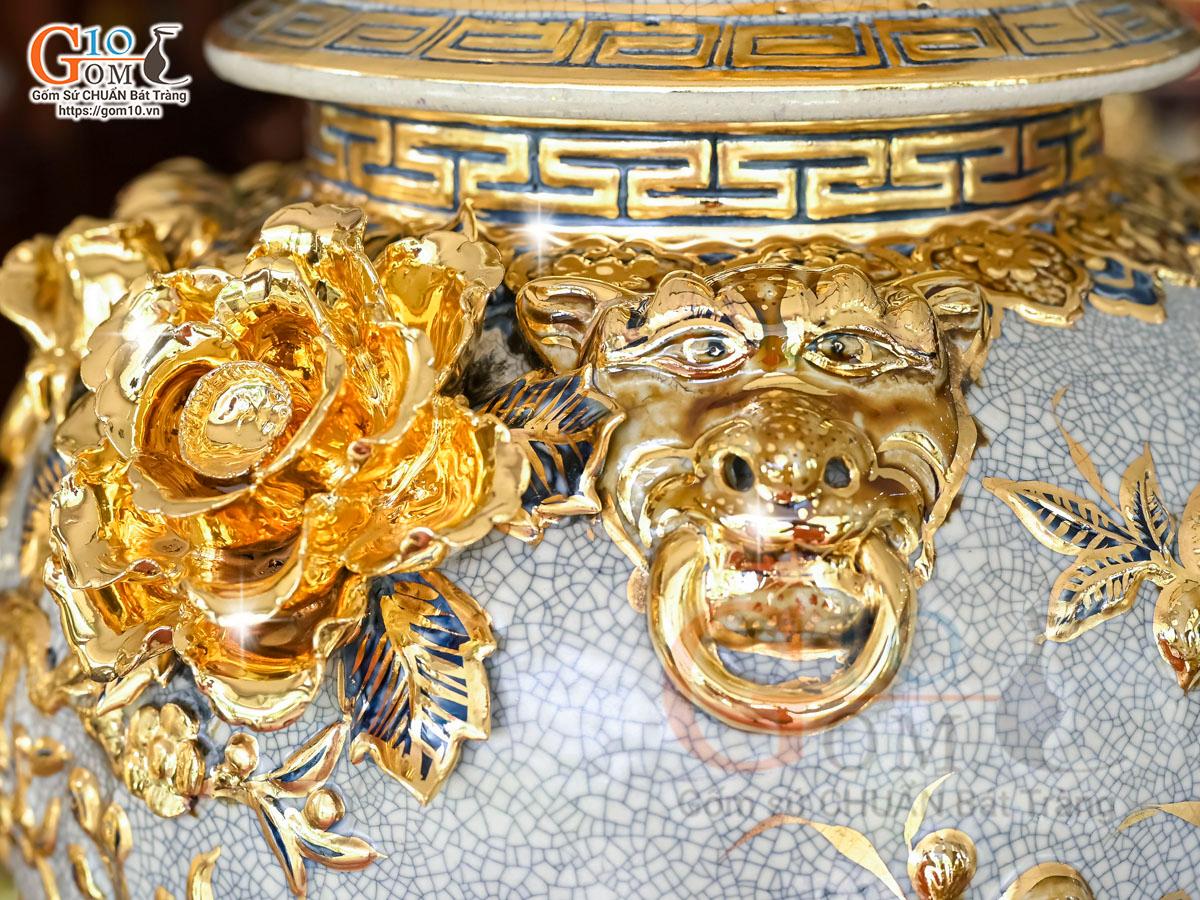 Đôi chóe men rạn đắp nổi Công Đào Phú Quý vẽ vàng 24k, 30L Đôi chóe men rạn đắp nổi Công Đào Phú Quý vẽ vàng 24k, 30L