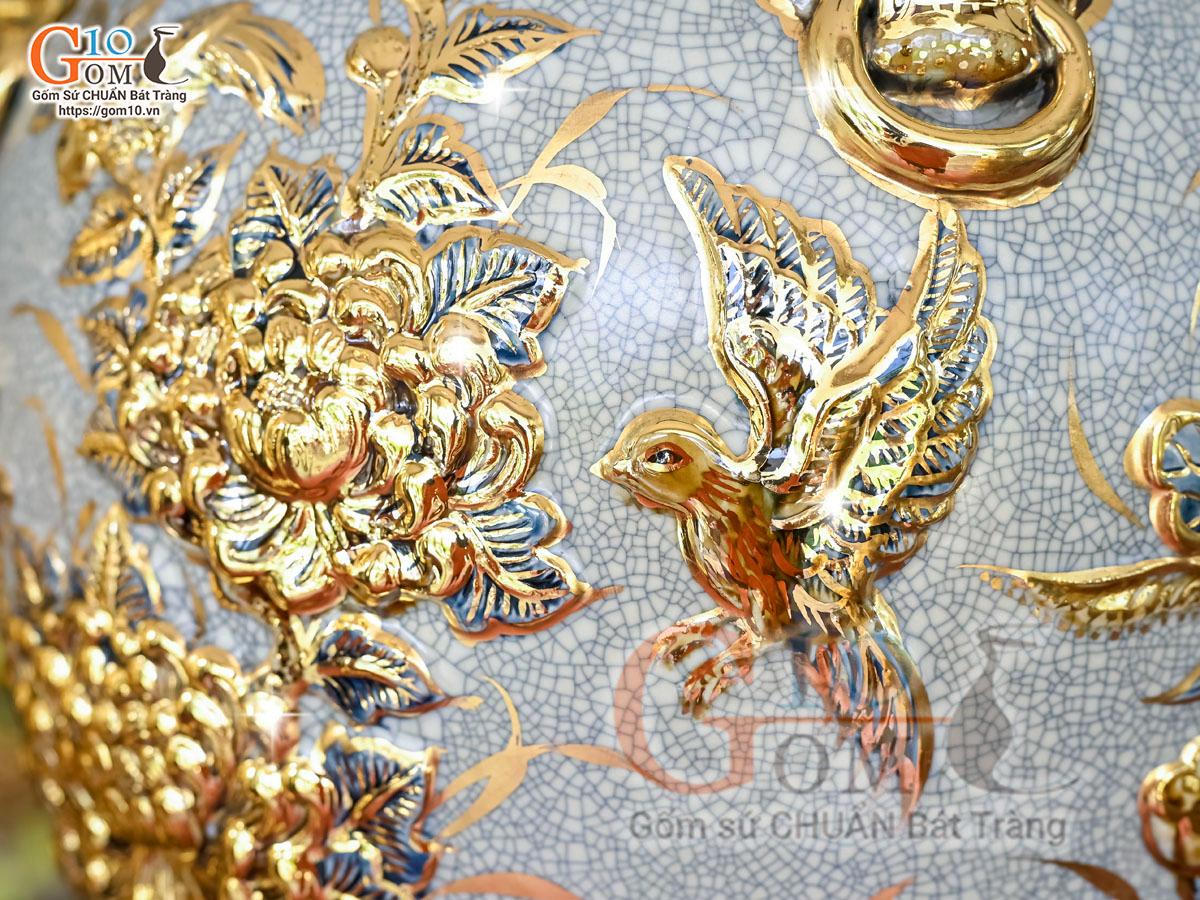 Đôi chóe men rạn đắp nổi Công Đào Phú Quý vẽ vàng 24k, 30L Đôi chóe men rạn đắp nổi Công Đào Phú Quý vẽ vàng 24k, 30L