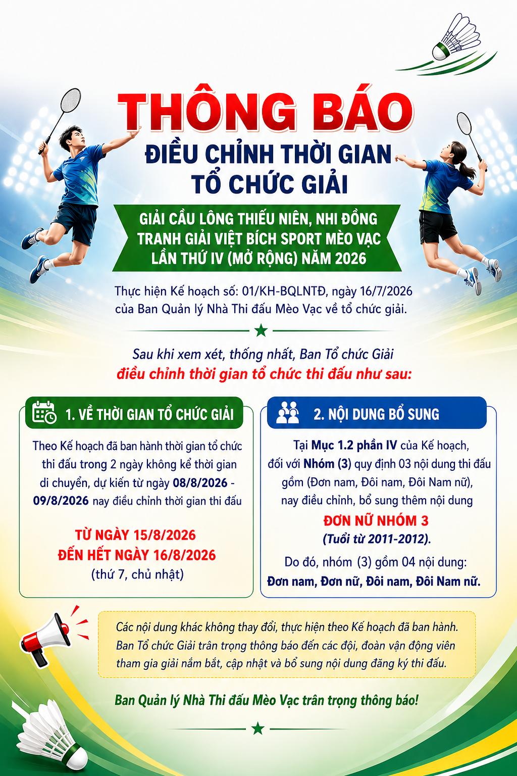GIẢI CẦU LÔNG THIẾU NIÊN, NHI ĐỒNG TRANH GIẢI VIỆT BÍCH SPORT MÈO VẠC, LẦN THỨ IV NĂM 2026