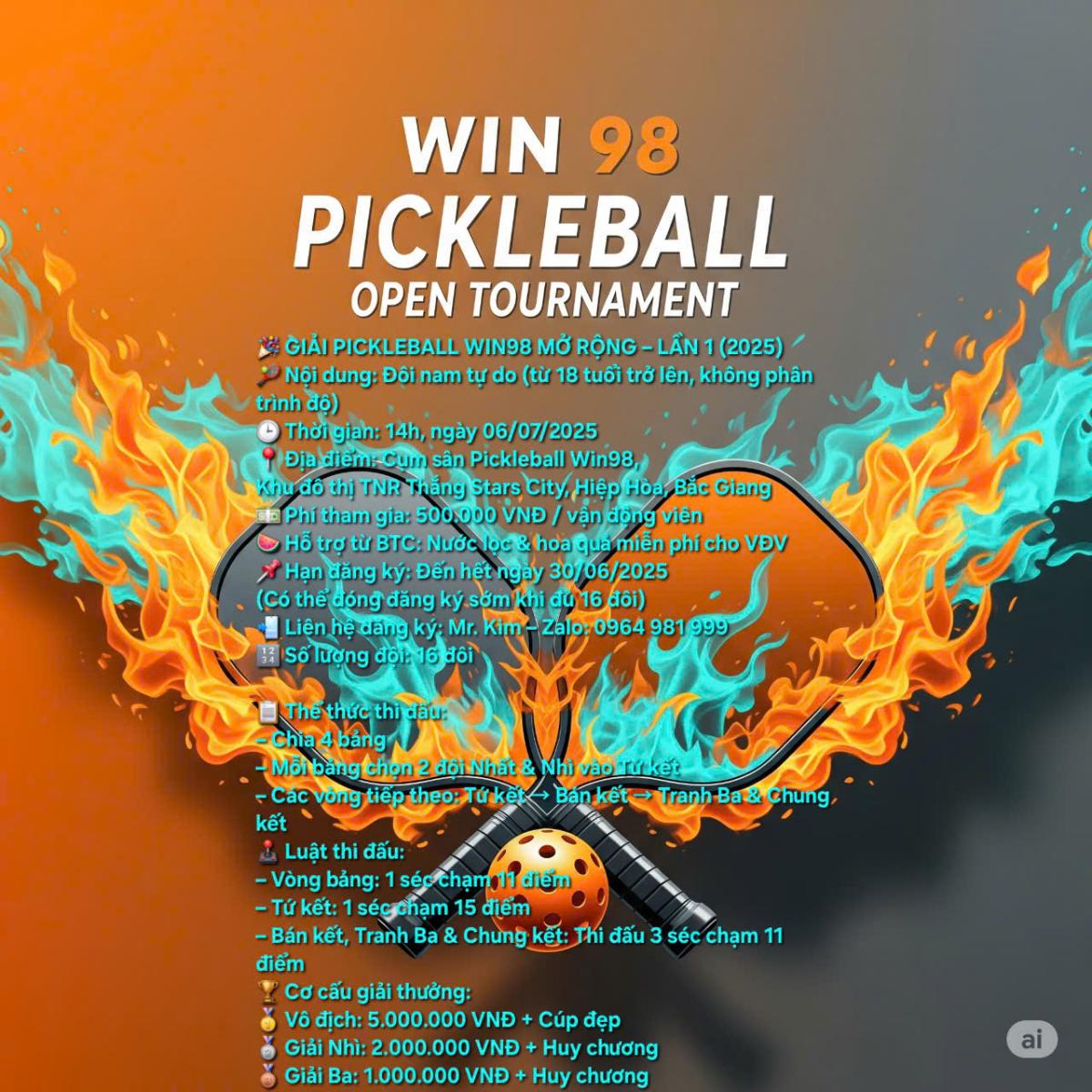 GIẢI PICKLEBALL WIN 98 MỞ RỘNG LẦN 1 -2025