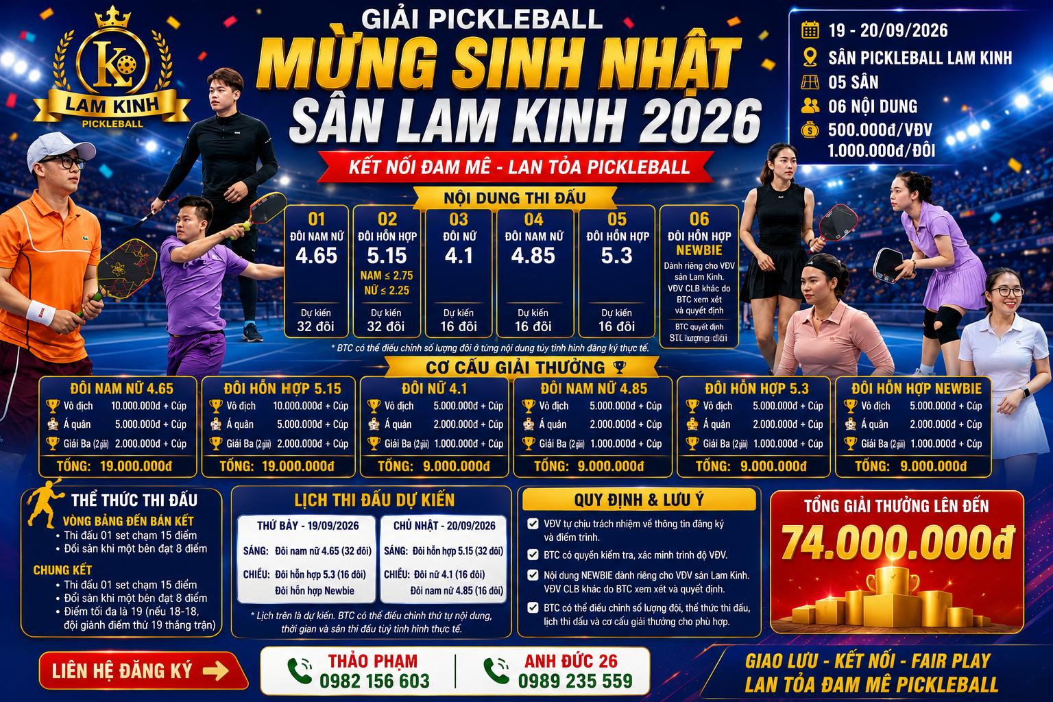 Giải mừng sinh nhật sân lam kinh  nam nữ 4.65 ; Đôi 5.3 ; đôi newbi