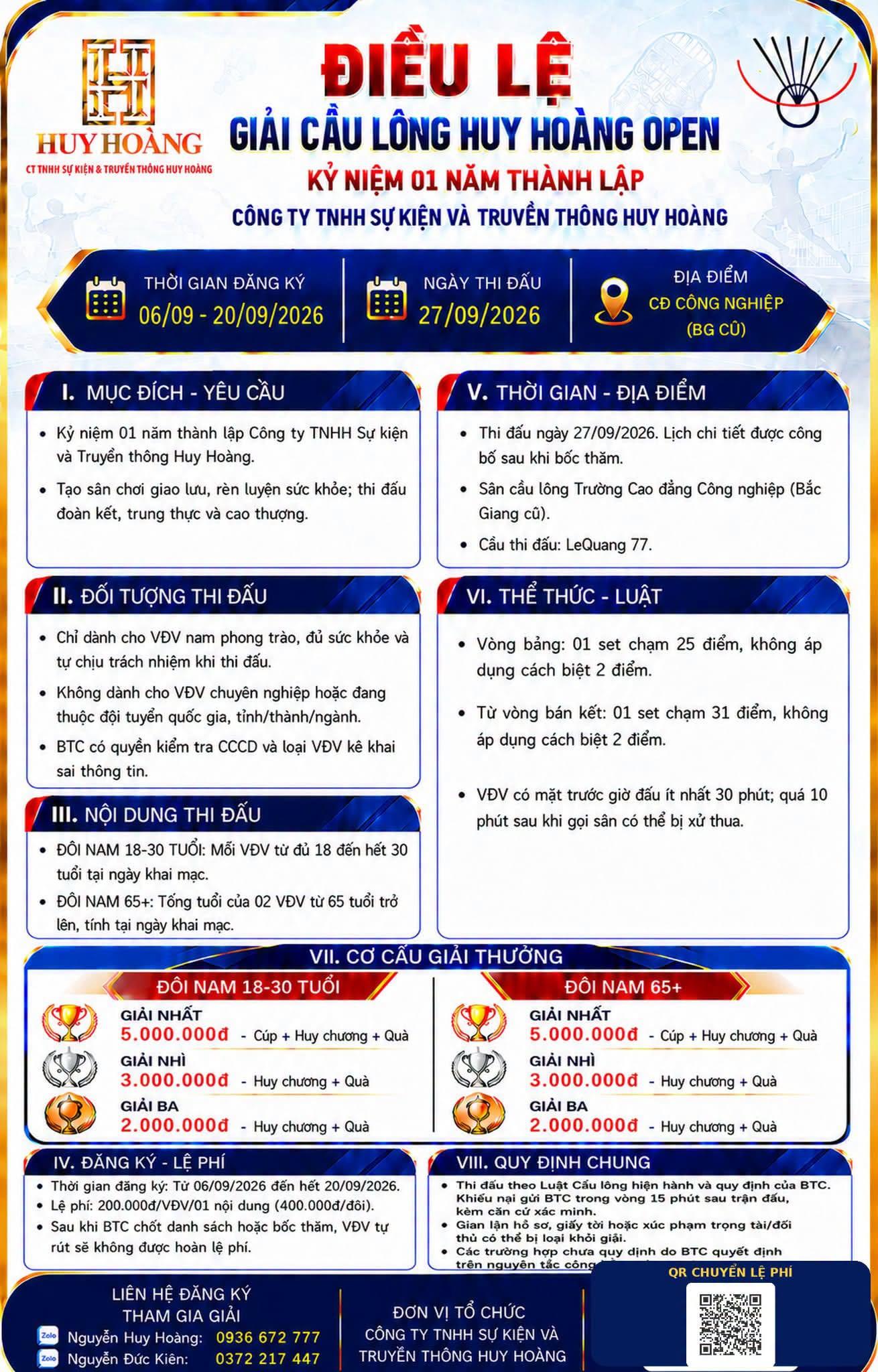 Giải cầu lông HUY HOÀNG OPEN 2026