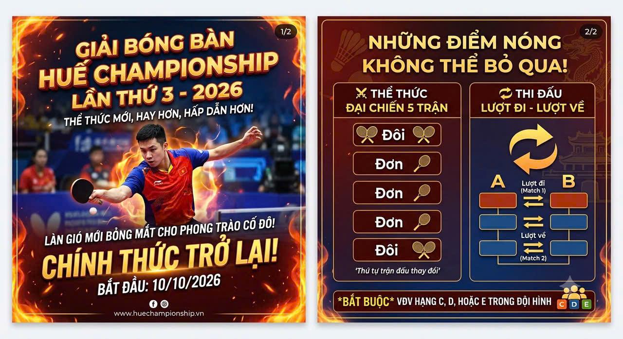 GIẢI BÓNG BÀN HUẾ CHAMPIONSHIP LẦN THỨ 3 NĂM 2026